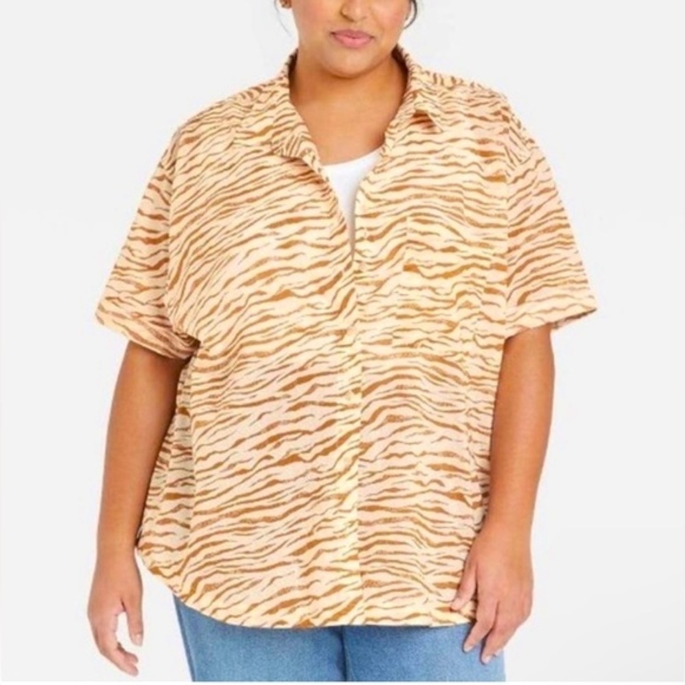 Ava & Viv NWT Women's 4X Rust Animal Print Short Sleeve Button Down Cotton Shirt